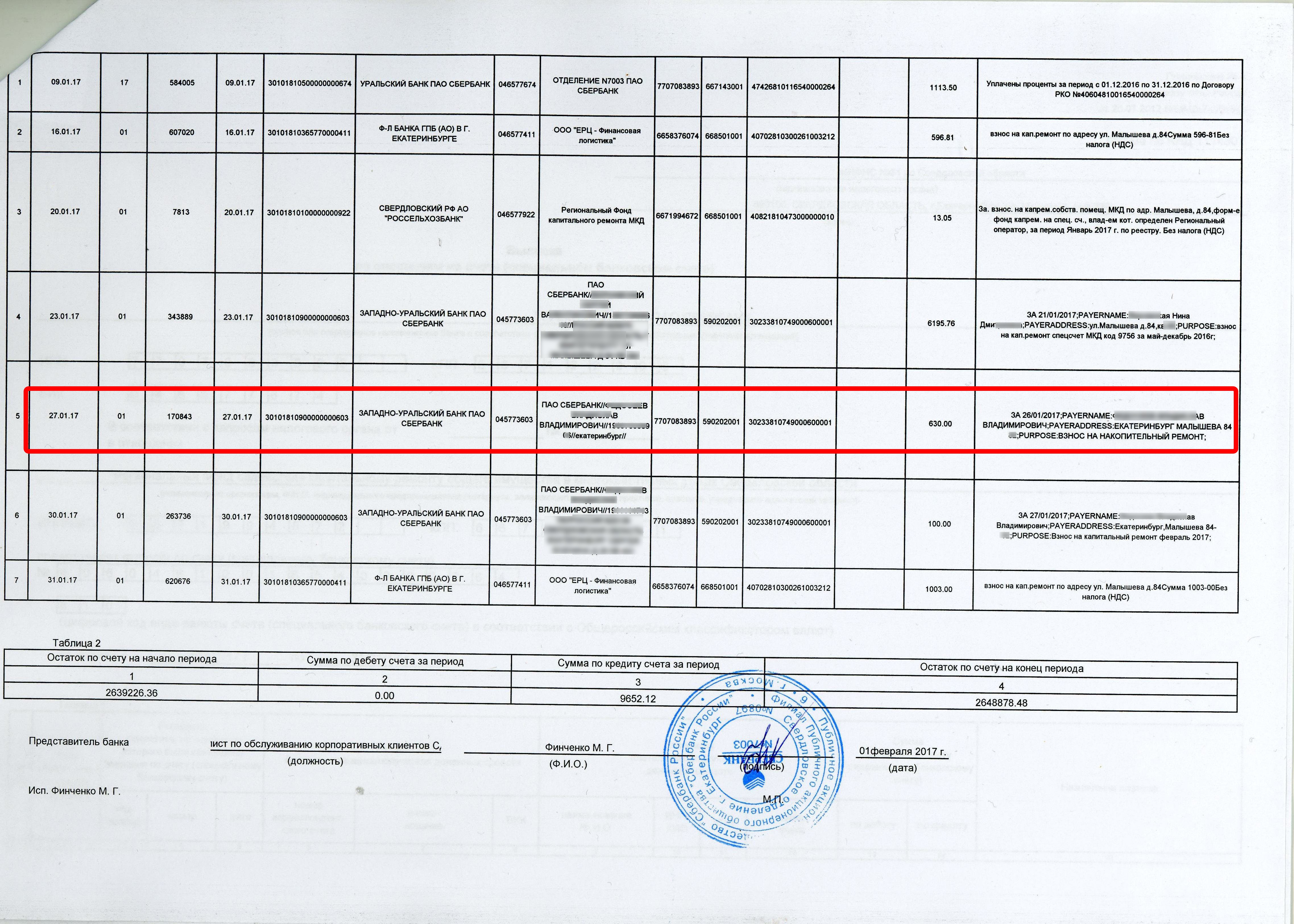 Выписка со спецсчёта (взносы на кап.ремонт)